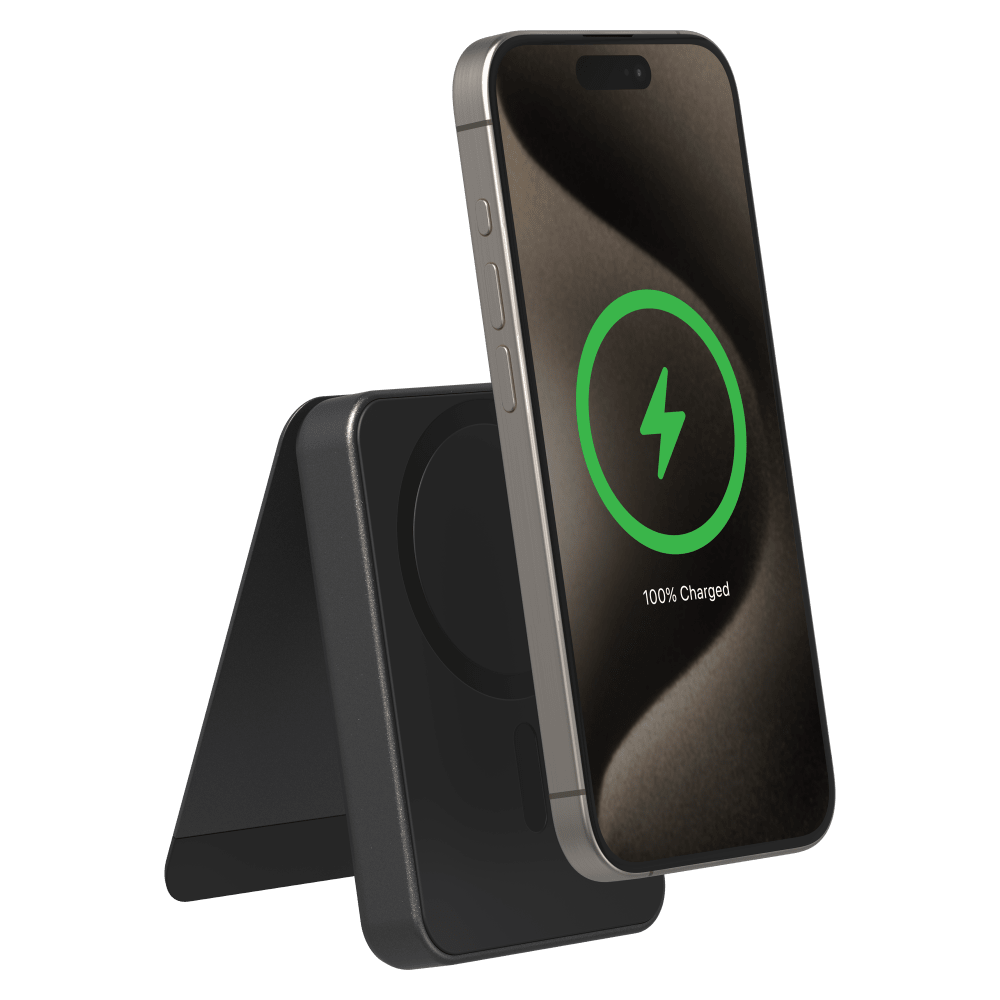 Snap Plus Qi2 Portable Magnetic Battery with Stand front with iphone