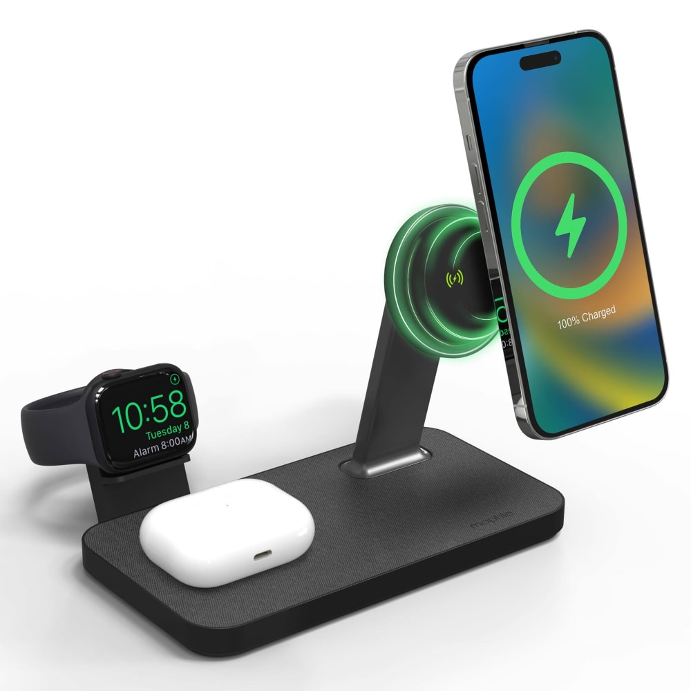 mophie Snap+ MagSafe 3-in-1 Wireless Charging Stand – Black iphone- apple watch-airpods right side