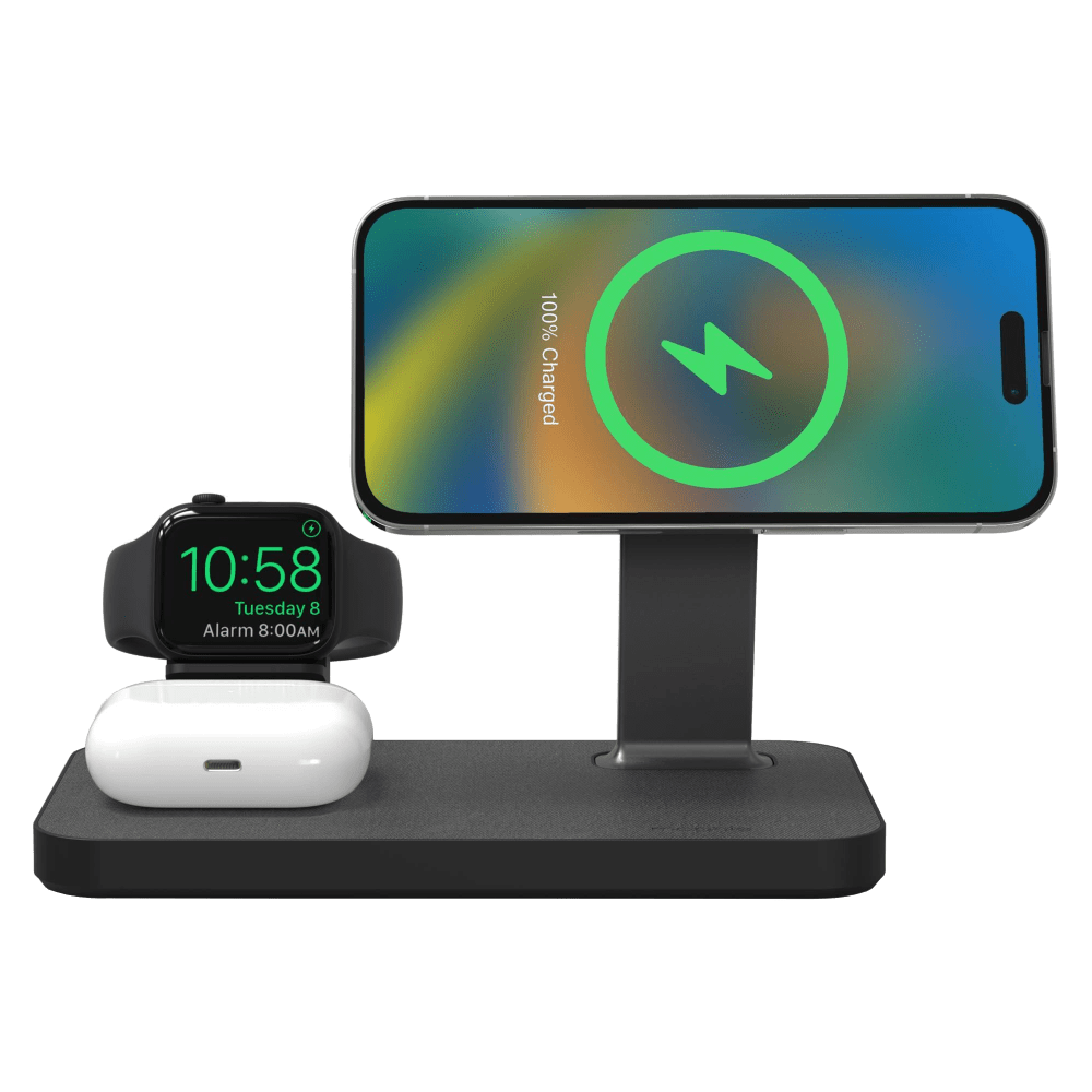mophie Snap+ MagSafe 3-in-1 Wireless Charging Stand – Black iphone- apple watch-airpods front