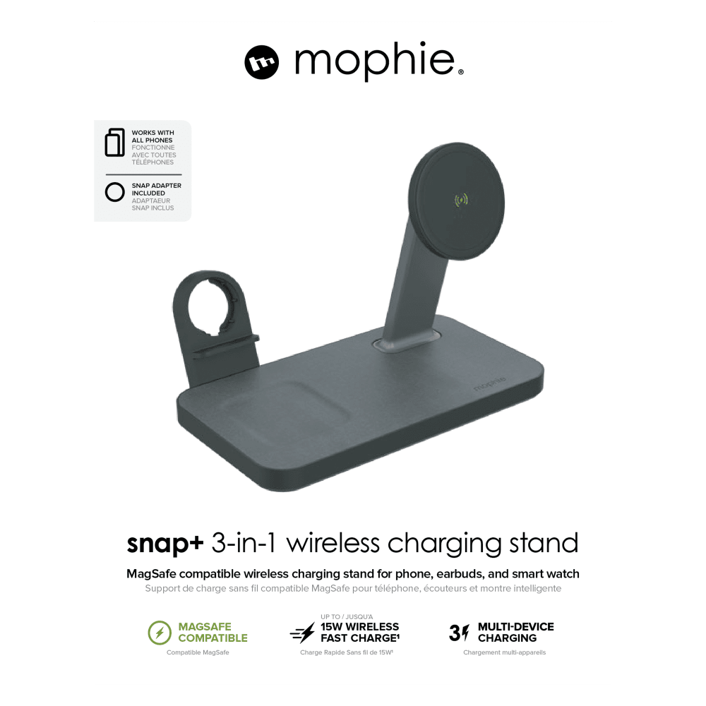 mophie Snap+ MagSafe 3-in-1 Wireless Charging Stand – Black iphone- apple watch-airpods packaging