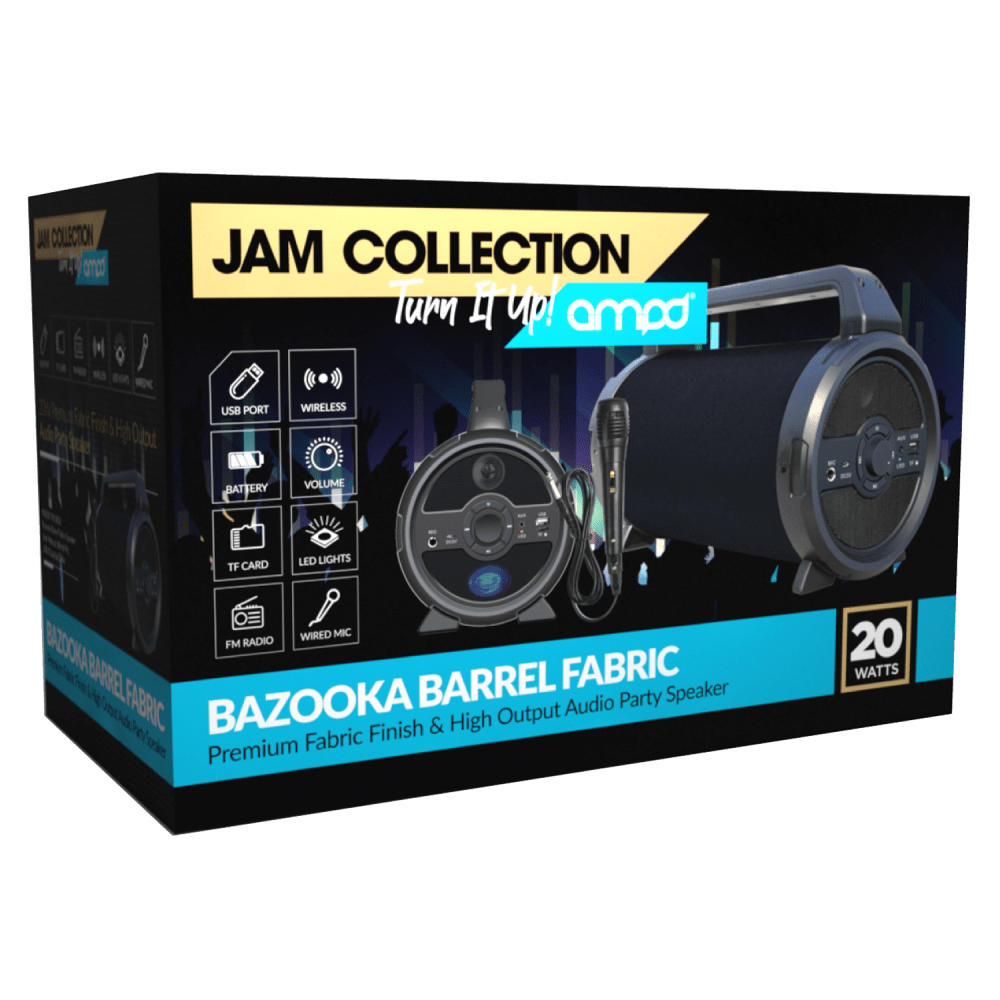 AMPD Bazooka Barrel Bluetooth Speaker with Microphone packaging