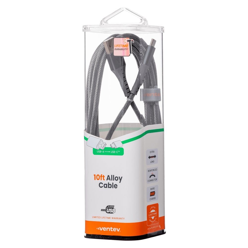 Ventev Chargesync Alloy USB A to USB C Cable 10ft Silver by Ventev - Electrostatic Innovations