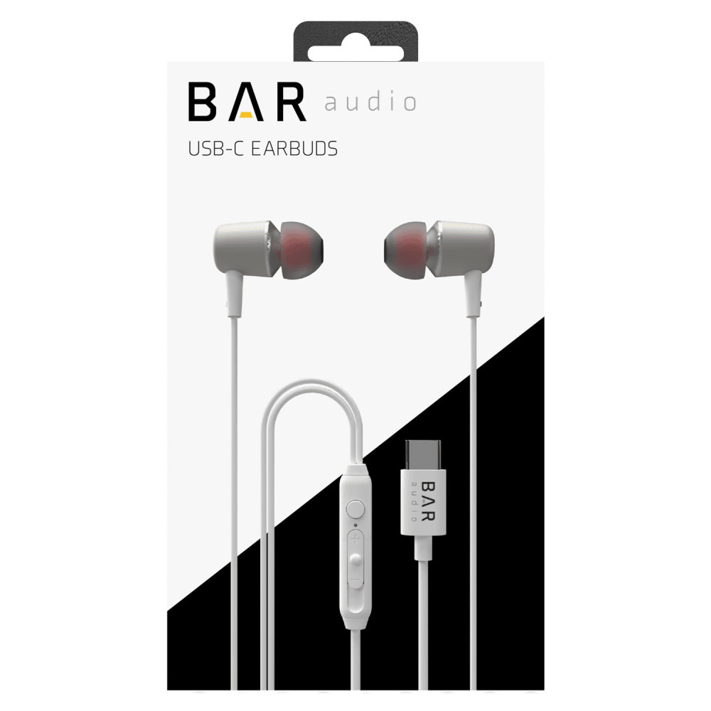 Bar Audio USB C In Ear Wired Headphones White packaging