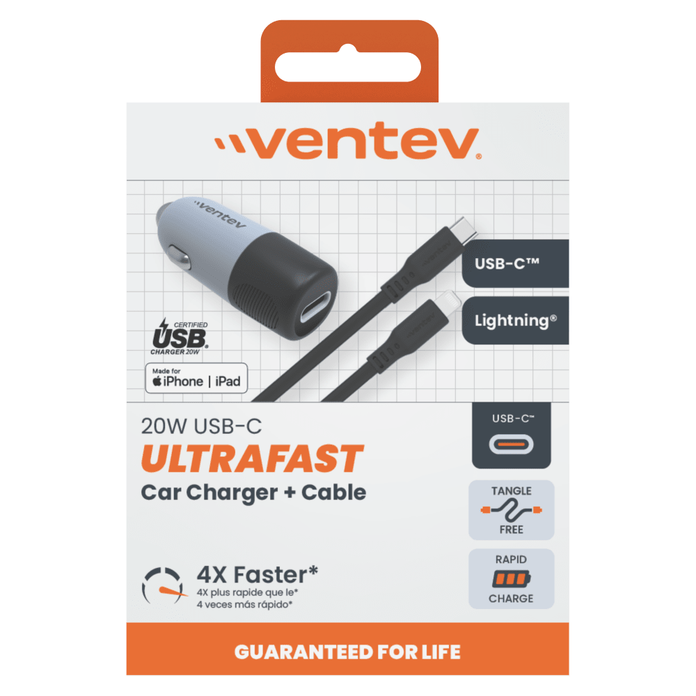 Ventev 20W USB C PD Car Charger and C to Apple Lightning Cable Gray by Ventev - Electrostatic Innovations