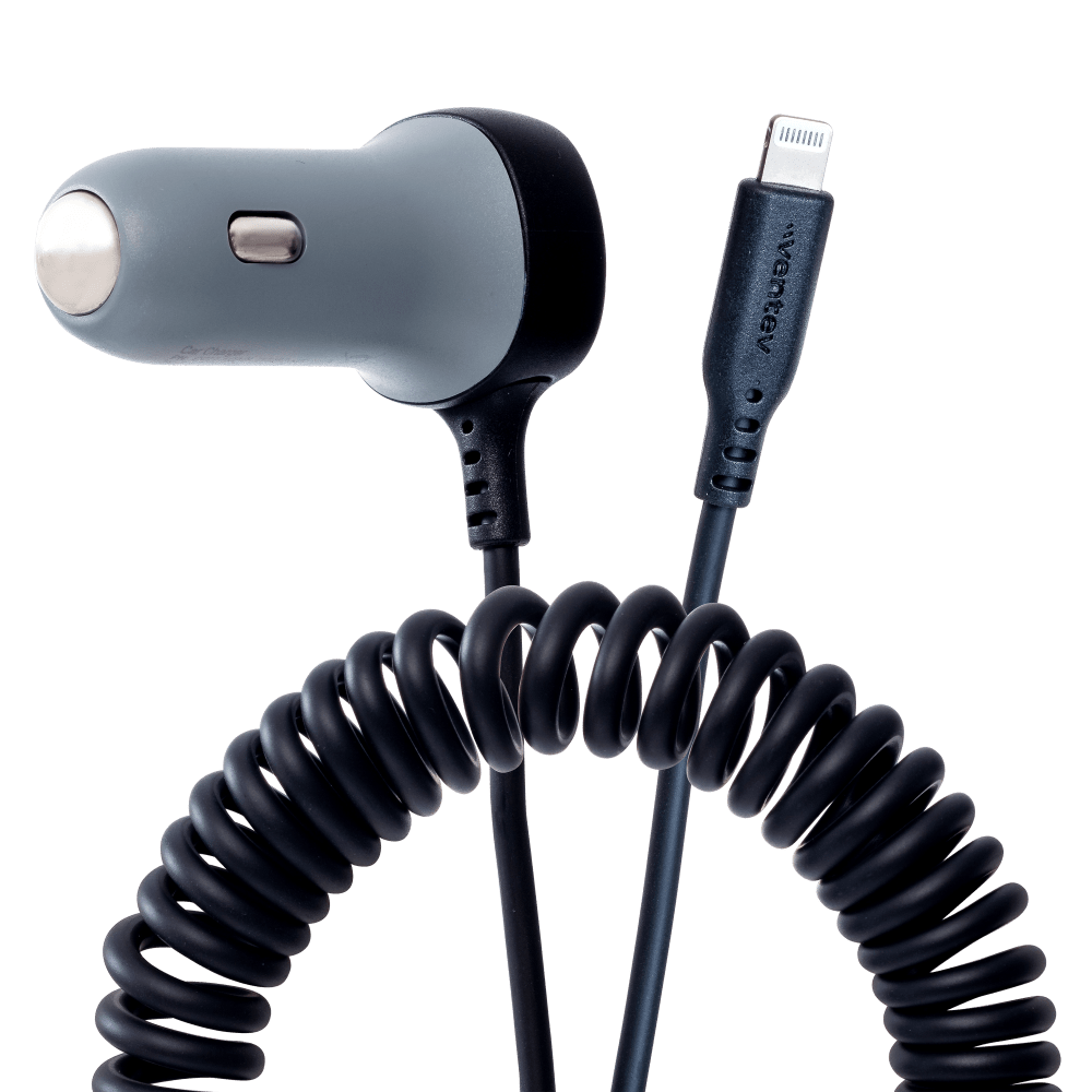Ventev 12W USB-A Car Charger with Integrated 15W Apple Lightning Cable front