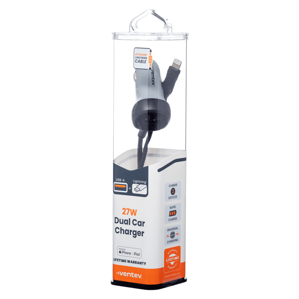 Ventev 12W USB-A Car Charger with Integrated 15W Apple Lightning Cable Package front left