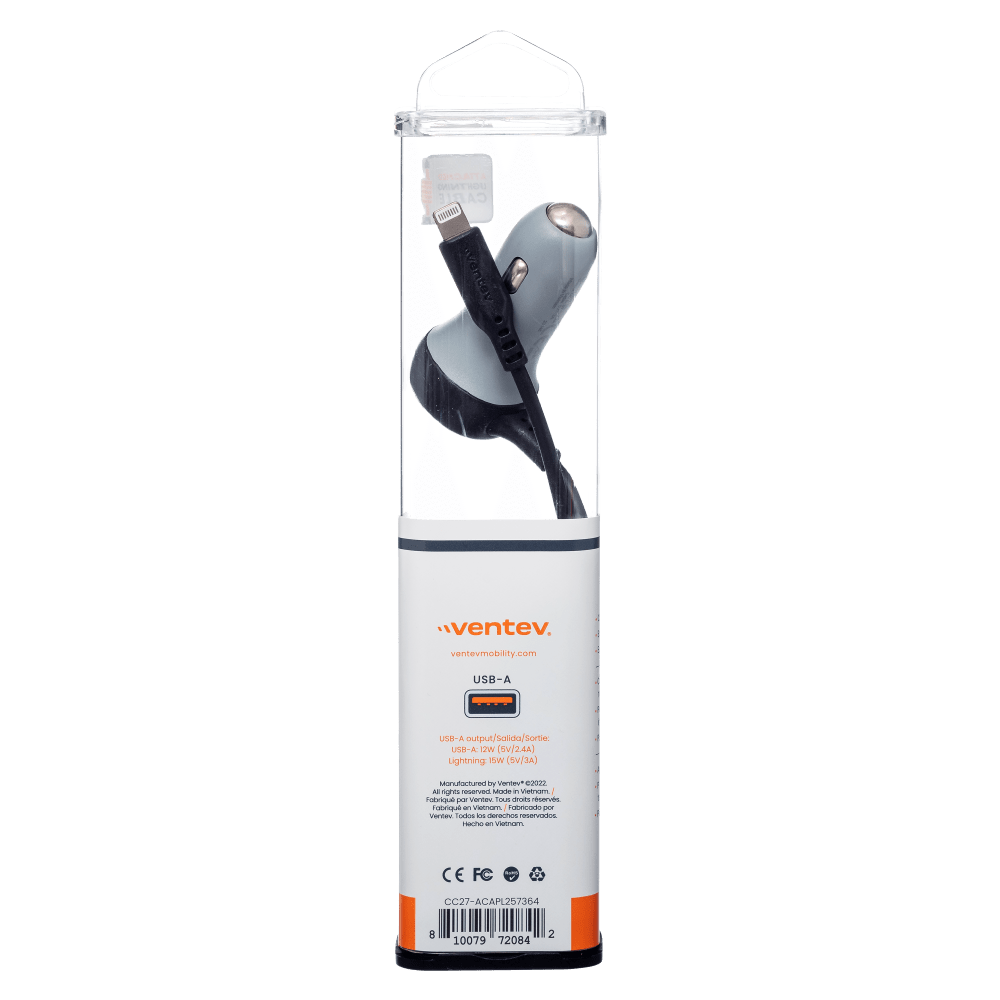 Ventev 12W USB-A Car Charger with Integrated 15W Apple Lightning Cable Package back