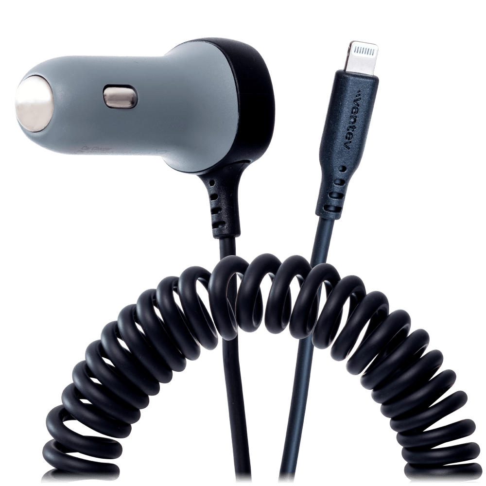 Ventev 12W USB-A Car Charger with Built-In 15W Apple Lightning Cable reversed