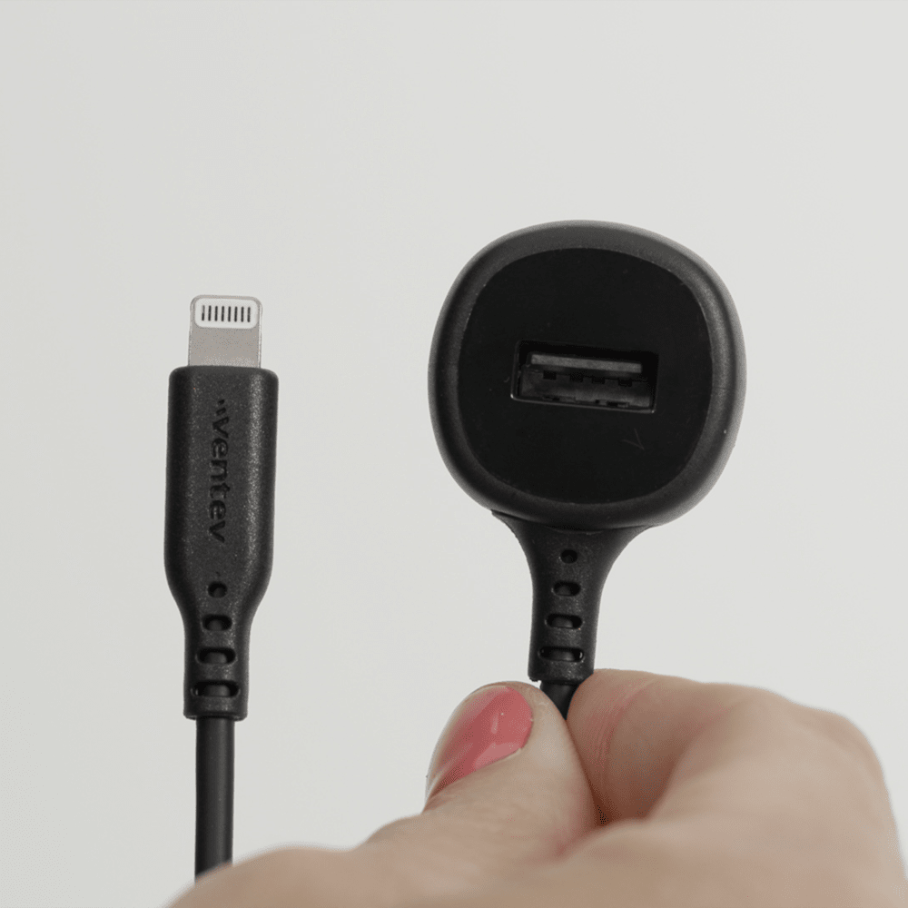 Ventev 12W USB-A Car Charger with Built-In 15W Apple Lightning Cable plug and play