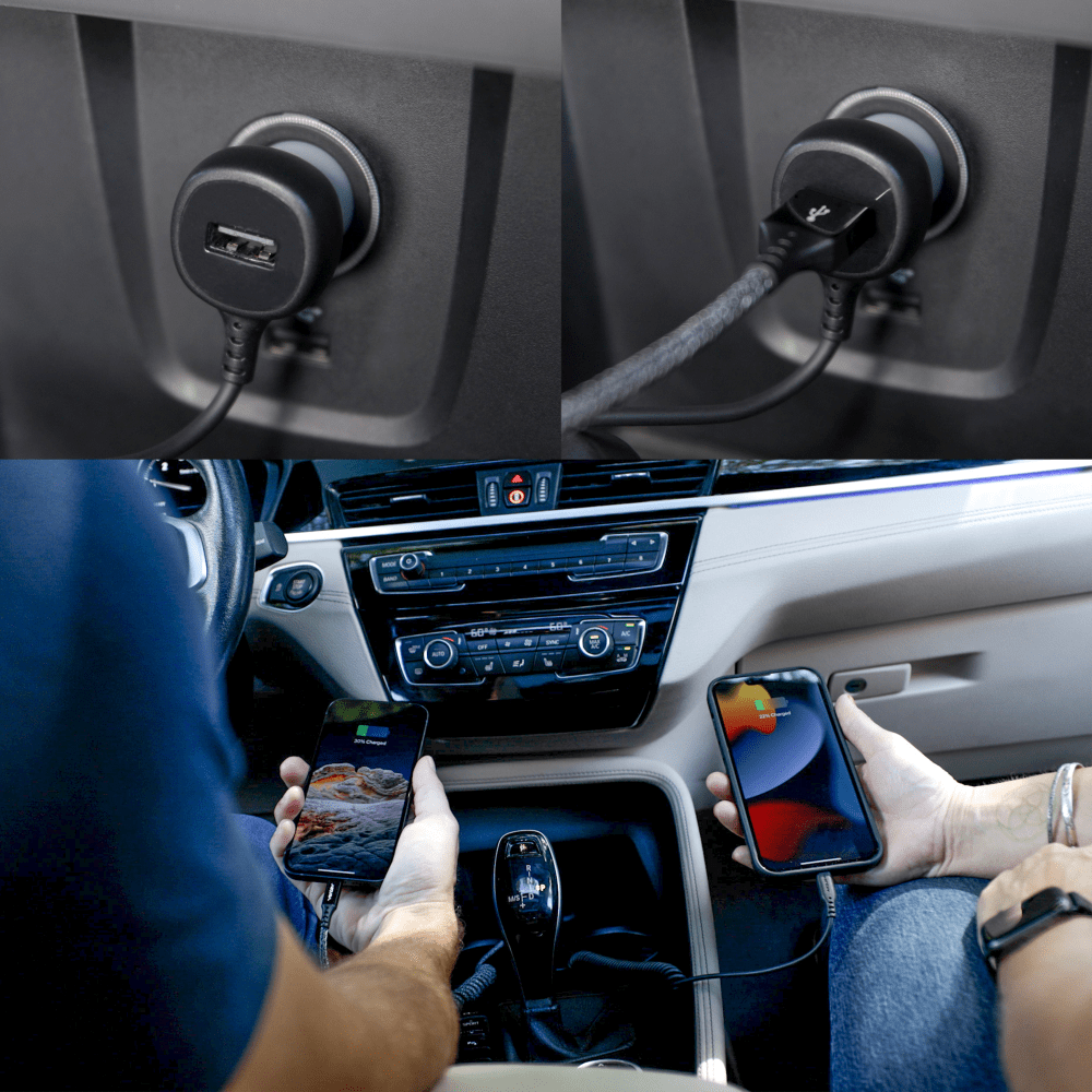 Ventev 12W USB-A Car Charger with Built-In 15W Apple Lightning Cable in use