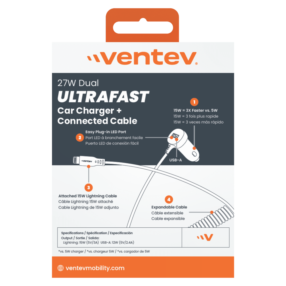 Ventev 12W USB-A Car Charger with Built-In 15W Apple Lightning Cable Back
