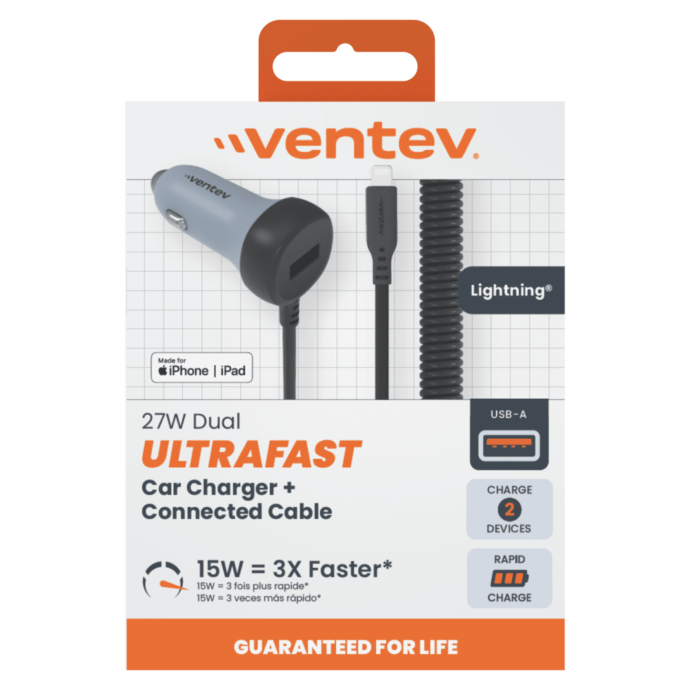 Ventev 12W USB-A Car Charger with Built-In 15W Apple Lightning Cable packaging front