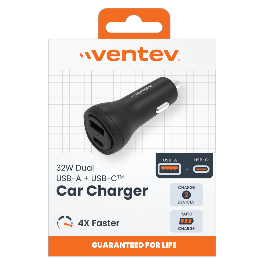 Ventev ULTRAFAST 32W Dual USB C and USB A Port Car Charger Black by Ventev