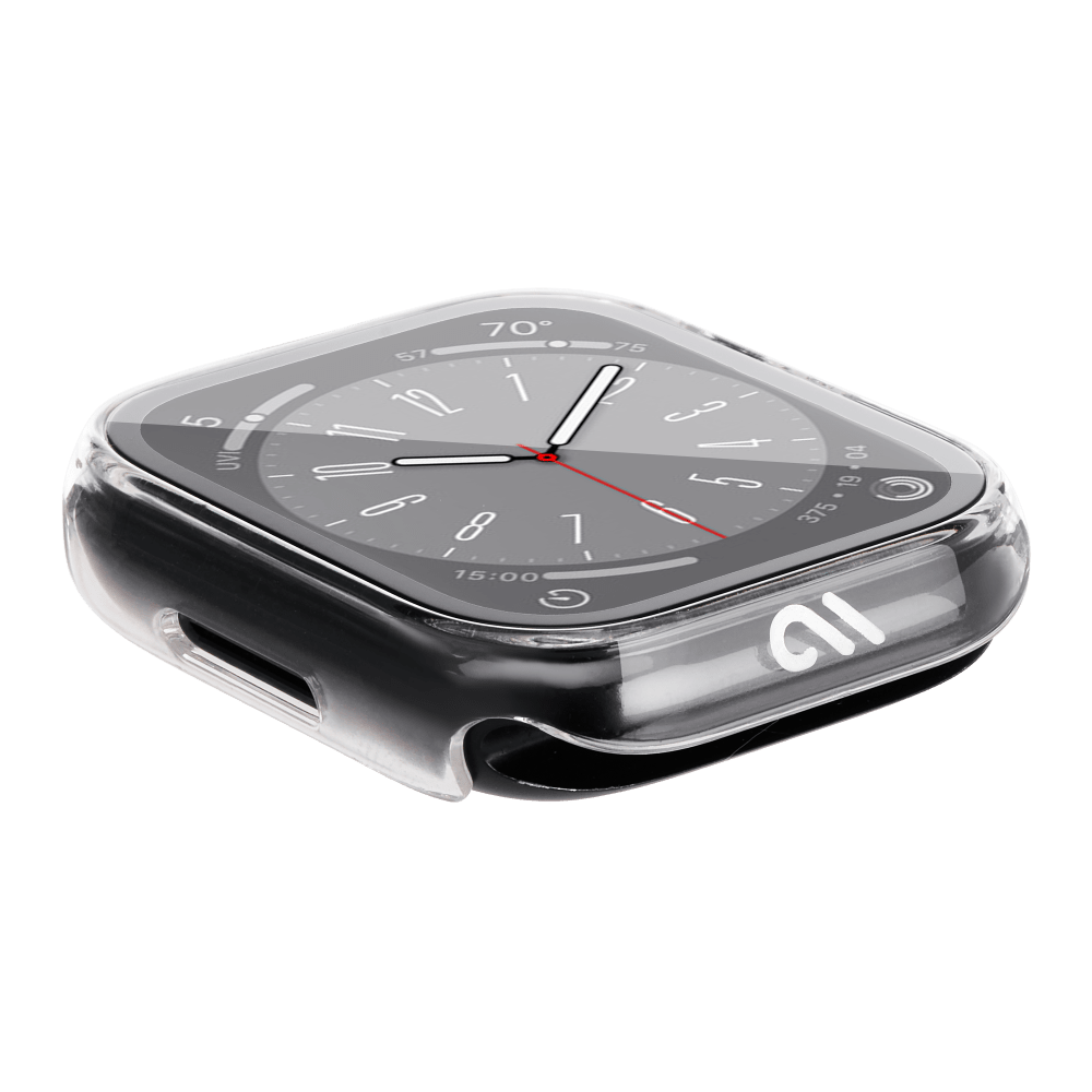 A silver Case-Mate Tough Case with Integrated Glass Screen Protector for Apple Watch 45mm. flat