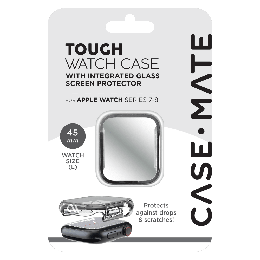A silver Case-Mate Tough Case with Integrated Glass Screen Protector for Apple Watch 45mm. packaging