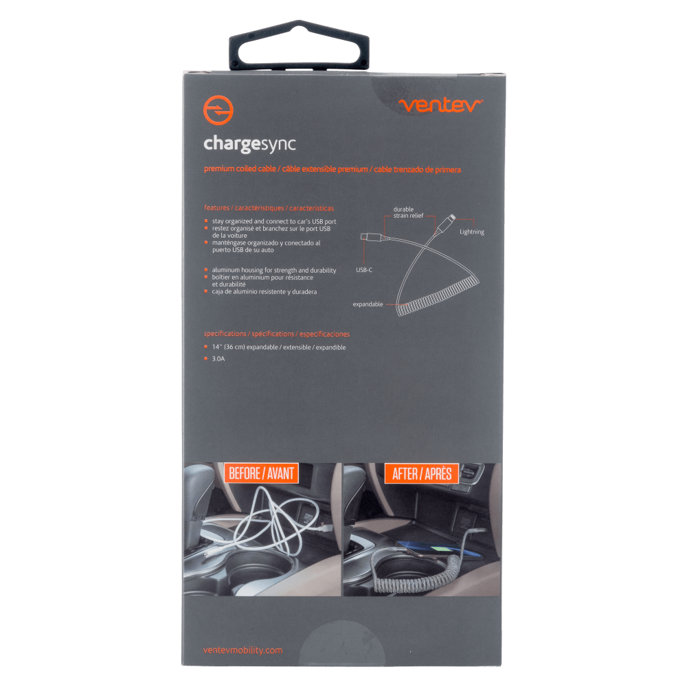 Ventev chargesync helix coiled USB C to Apple Lightning Cable 3ft Gray by Ventev - Electrostatic Innovations