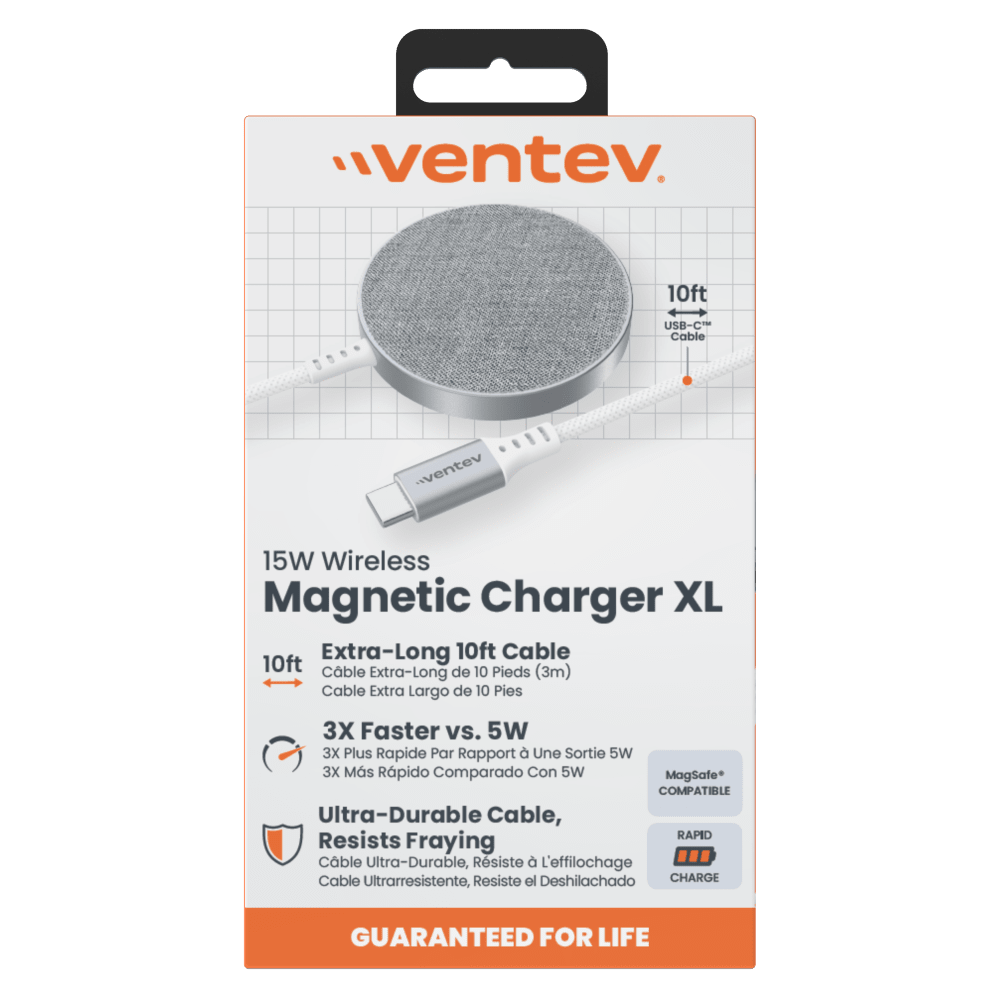 Ventev 15W ULTRAFAST Wireless Magnetic Charger with Extra-Long 10 Foot Alloy Cable Silver by Ventev - Electrostatic Innovations