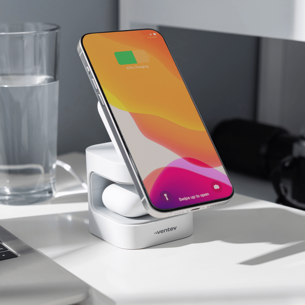 Ventev Qi2 15W 2-in-1 Wireless Charging Cube nightstand with phone