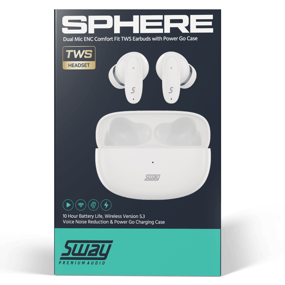Sway Dual Microphone ENC Comfort Fit True Wireless Headphones with Power Go Charging Case White by Sway - Electrostatic Innovations
