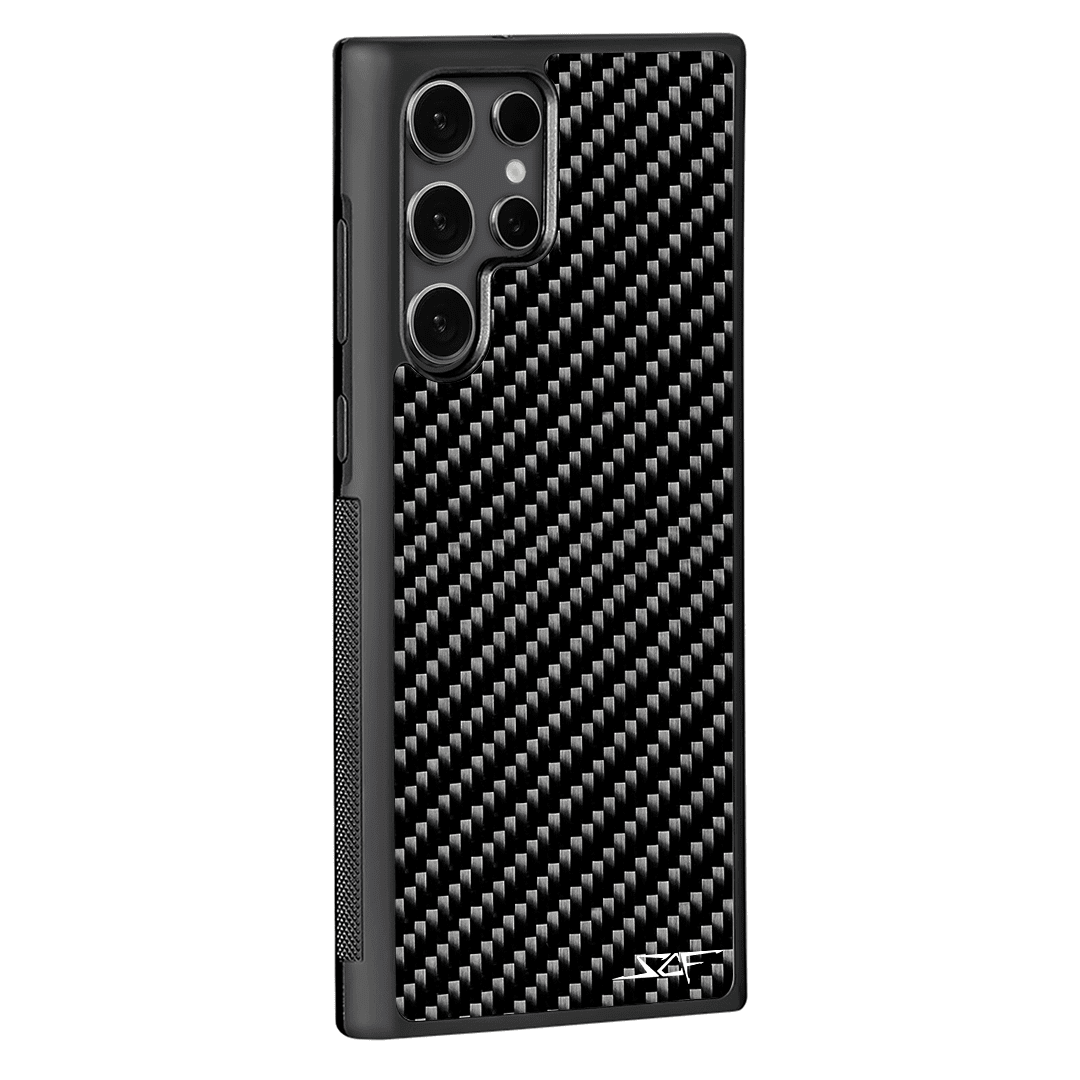 Close-up of Samsung carbon fiber phone case back sde angle