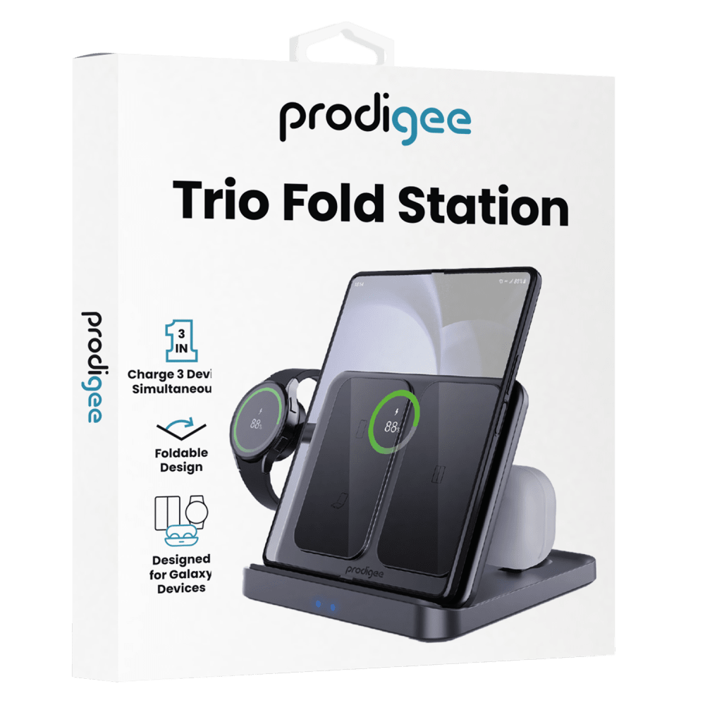 Prodigee Trio Fold Station – 3-in-1 Wireless Charger for Samsung Devices Packaging