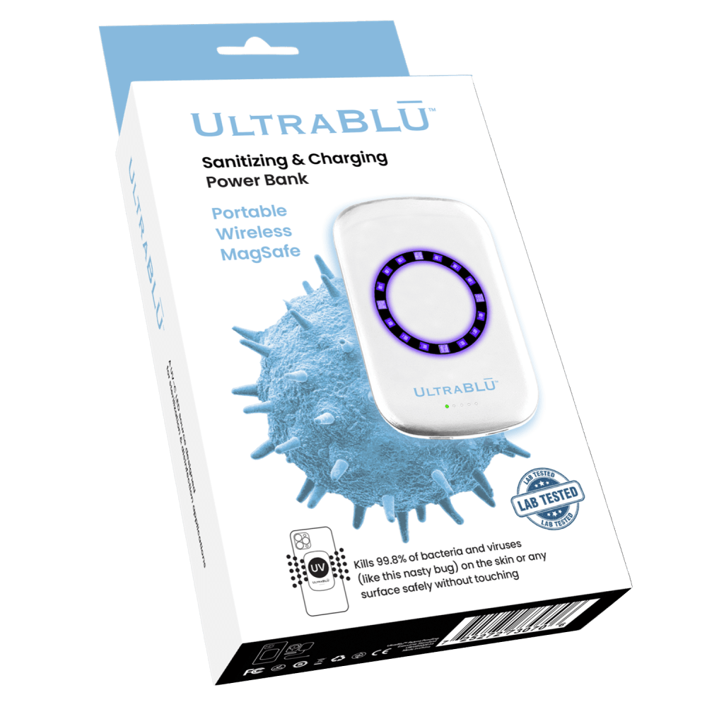 UltraBLU Sanitizing and Charging Power Bank packaging white