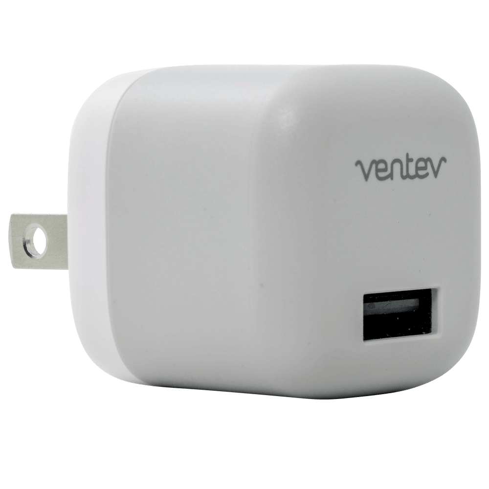 A white Ventev 12W USB A wall charger with a USB A to Apple Lightning cable integrated on the side.