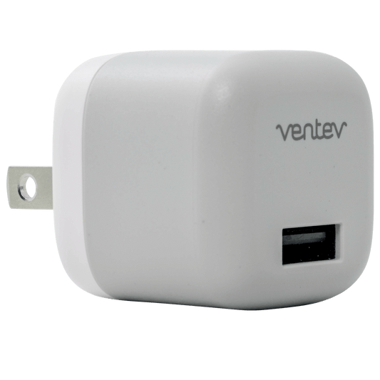 A white Ventev 12W USB A wall charger with a USB A to Apple Lightning cable integrated on the side.