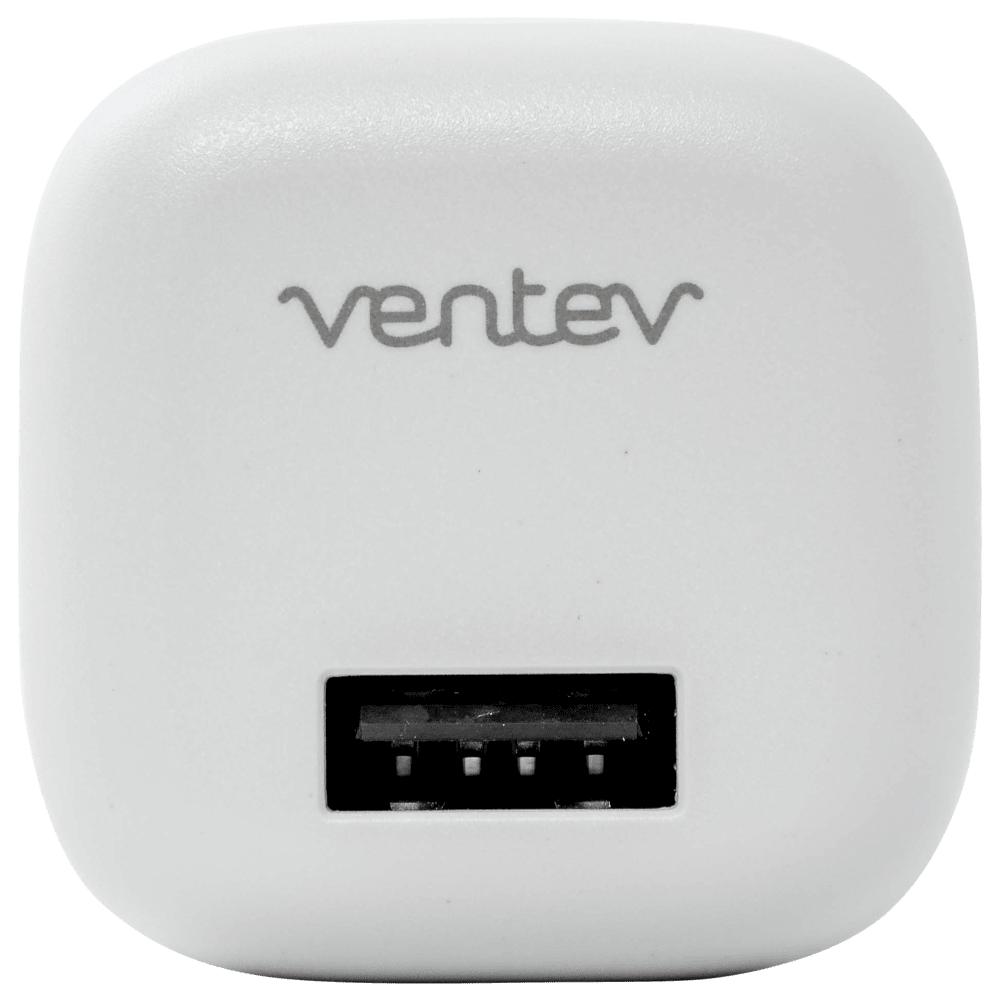 A white Ventev 12W USB A wall charger with a USB A to Apple Lightning cable integrated on the front