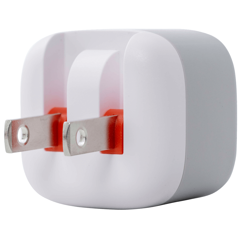 A white Ventev 12W USB A wall charger with a USB A to Apple Lightning cable integrated on the  back with prongs.