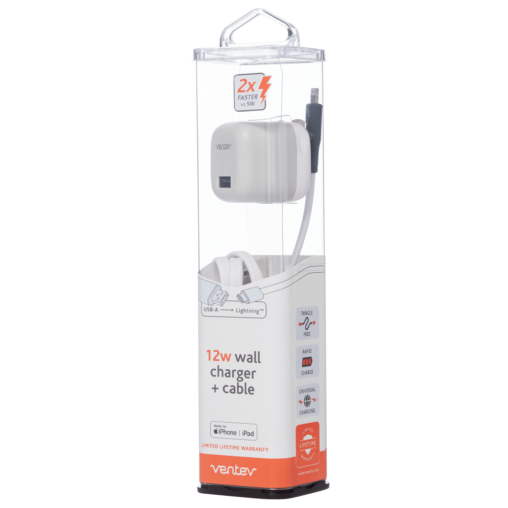 A white Ventev 12W USB A wall charger with a USB A to Apple Lightning cable integrated on the side. in Packaging