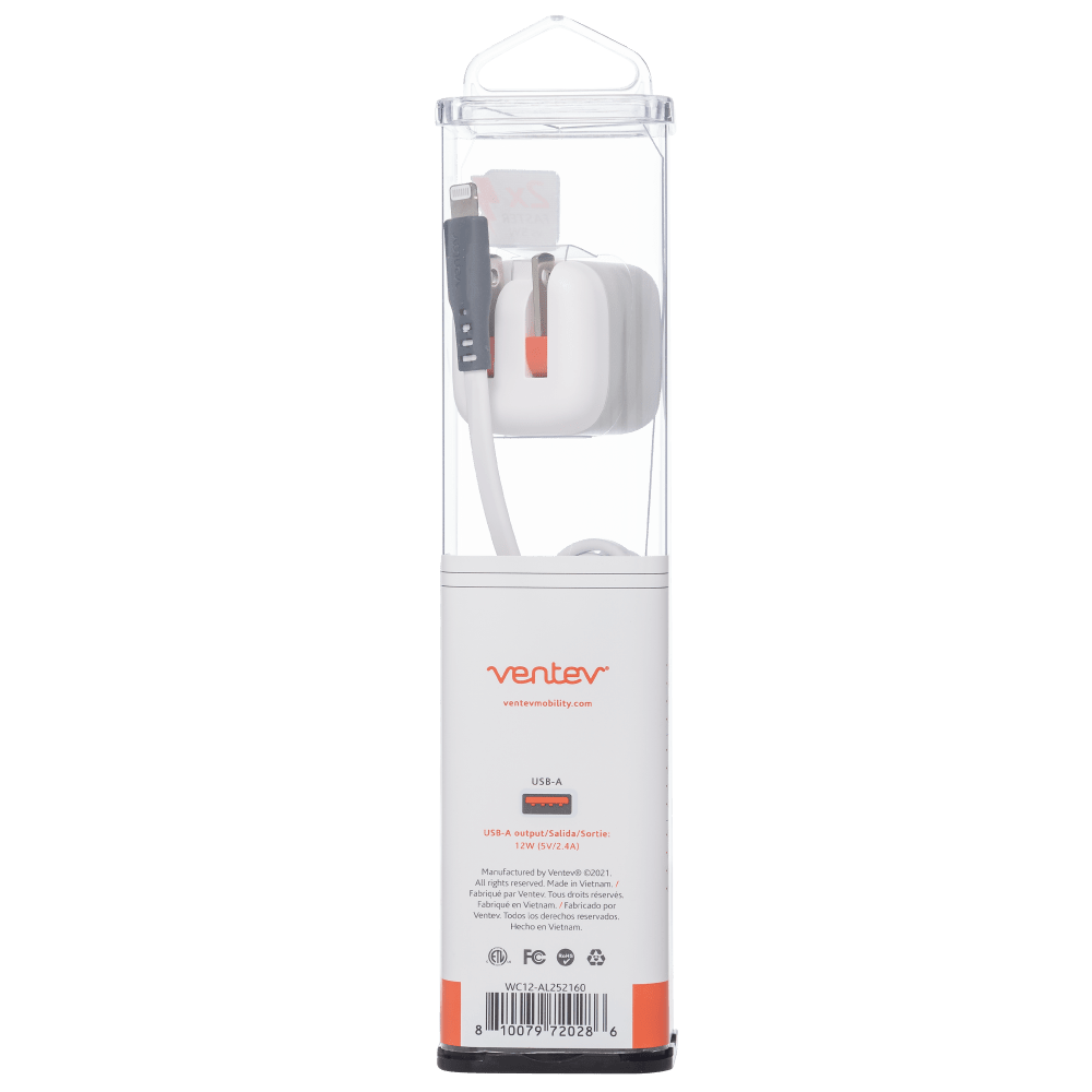 A white Ventev 12W USB A wall charger with a USB A to Apple Lightning cable integrated on the side. packaging back