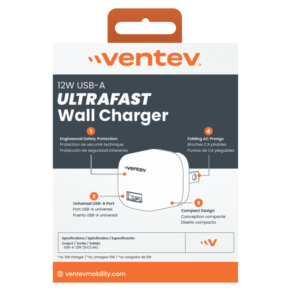Ventev 12W USB-A Wall Charger Packaging back