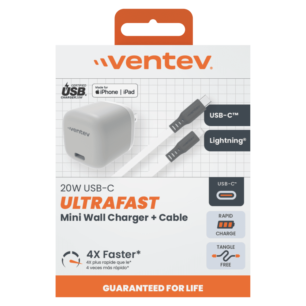 Ventev 20W PD USB C Mini Wall Charger and USB C to Apple Lightning Cable 3.3ft Gray, White by Ventev - Electrostatic Innovations