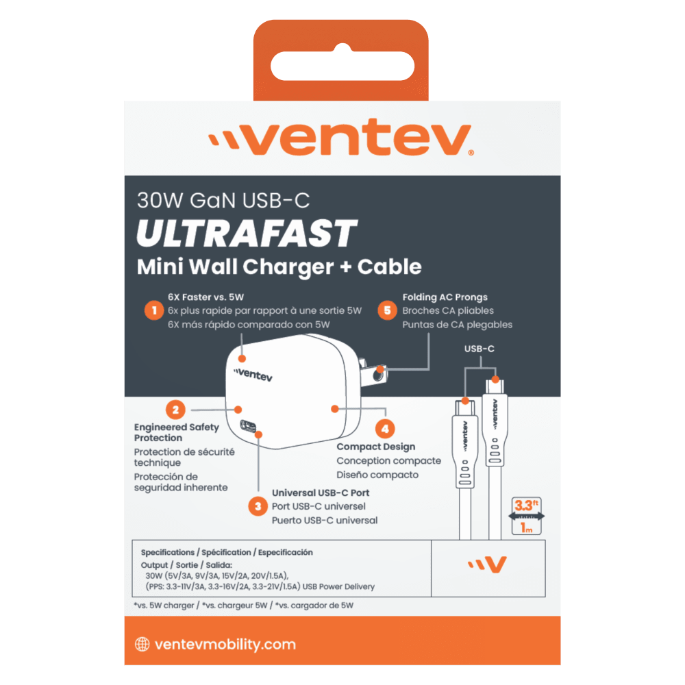 Ventev 30W PD PPS Mini USB-C Wall Charger + 3.3ft USB-C Cable packaging back