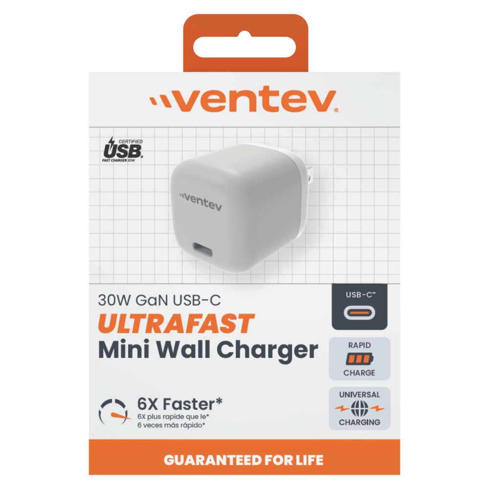 Ventev 30W PD PPS USB C GaN Mini Wall Charger Gray, White by Ventev