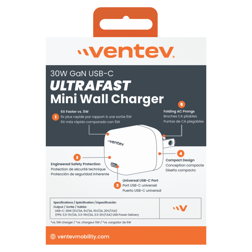 Ventev 30W PD PPS USB C GaN Mini Wall Charger Gray, White by Ventev