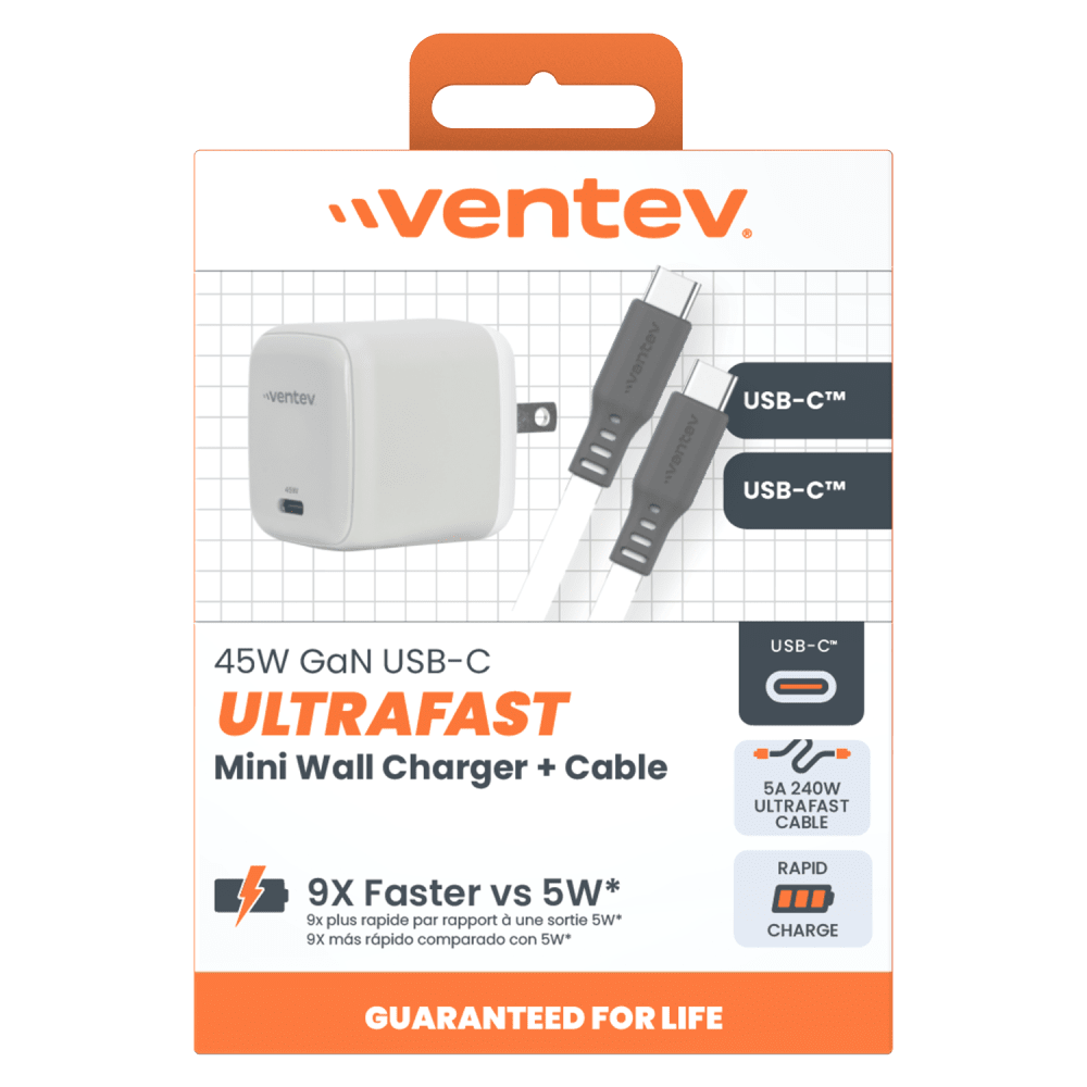 Ventev ULTRAFAST GaN Mini 45W Wall Charger and 5A USB C to USB C Cable by Ventev