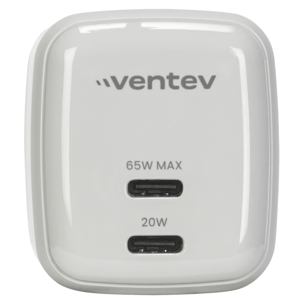 Ventev 65W ULTRAFAST USB C Universal Dual GaN Mini Wall Charger with foldable prongs, displaying the brand name, power output of 65W, and the two USB C ports.