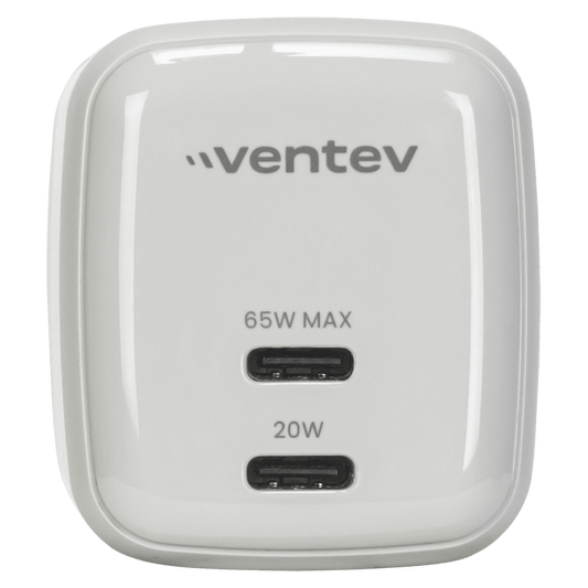 Ventev 65W ULTRAFAST USB C Universal Dual GaN Mini Wall Charger with foldable prongs, displaying the brand name, power output of 65W, and the two USB C ports.