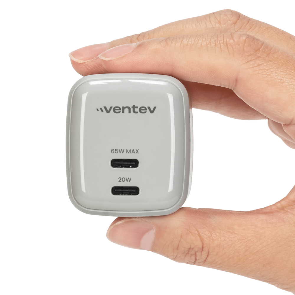 entev-65w-ultrafast-usb-c-universal-dual-gan-mini-wall-charger-gray-white front scale