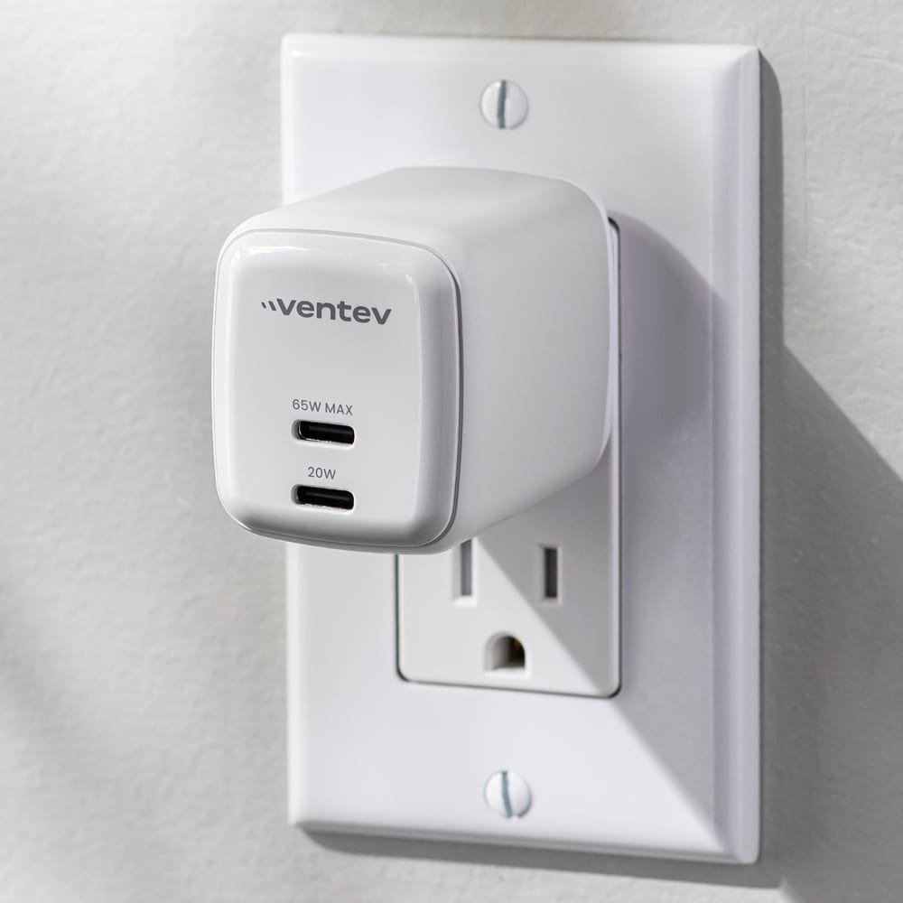 entev-65w-ultrafast-usb-c-universal-dual-gan-mini-wall-charger-gray-white plugged in