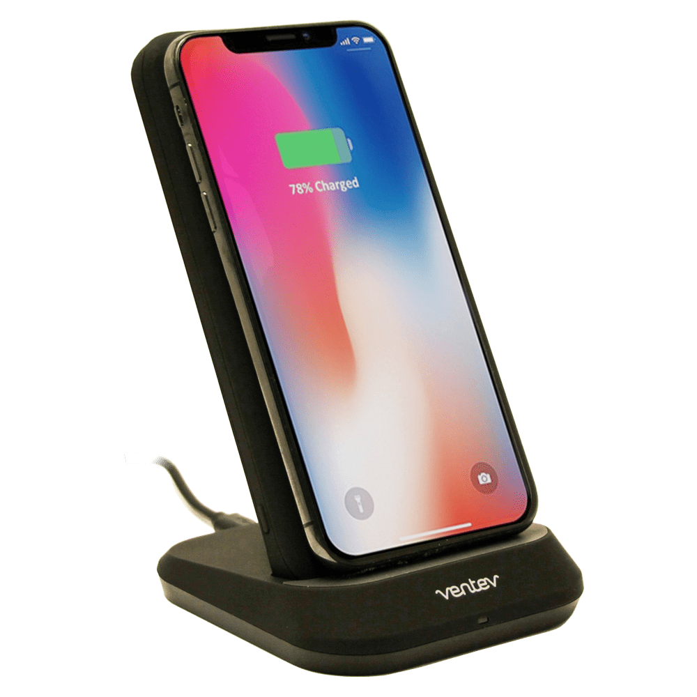 Portable power bank and wireless charging stand for iPhone and Android Standing front