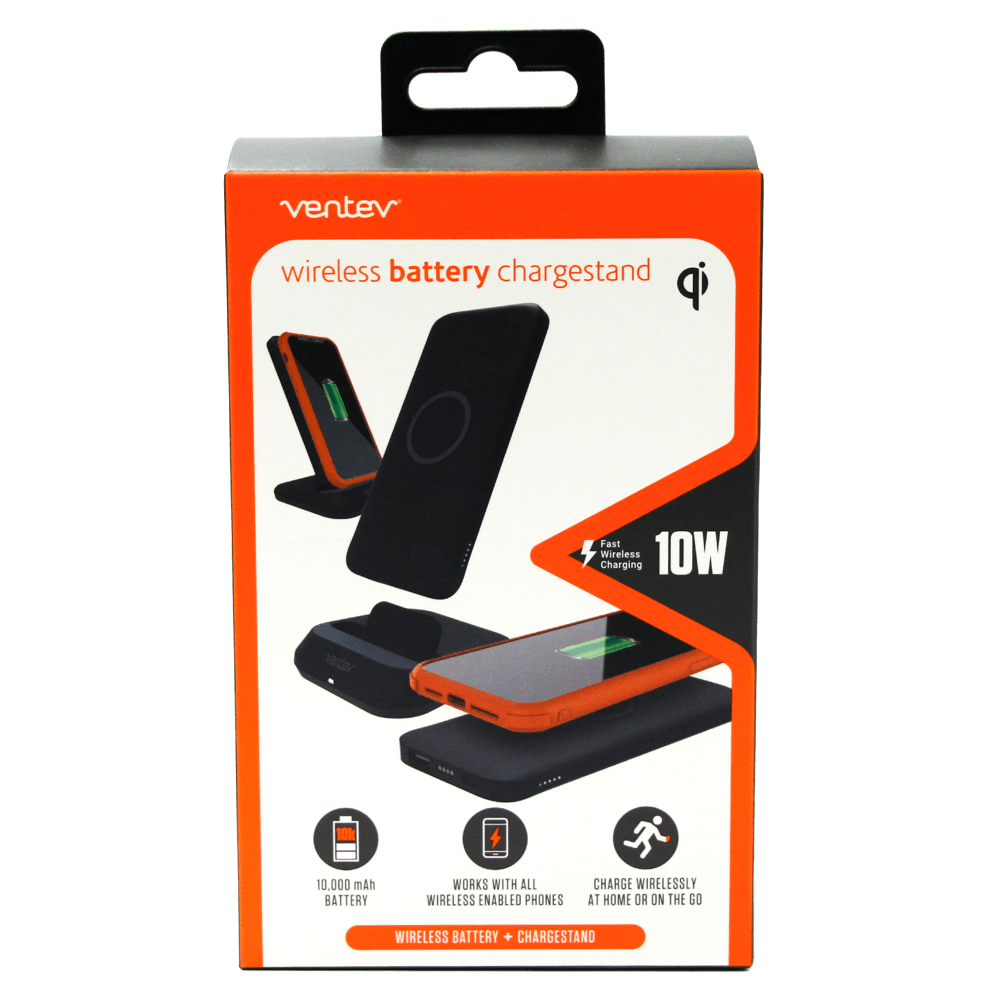 Portable power bank and wireless charging stand for iPhone and Android packaging back