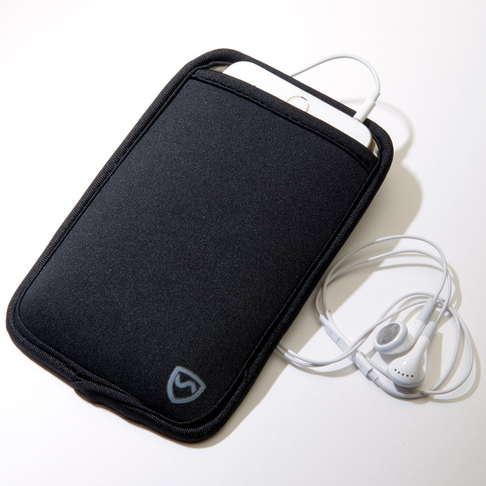 SYB Phone Pouch with EMF shielding for iPhone and Android. A black neoprene phone pouch with a white logo on the bottom right corner, containing a smartphone and earphones.