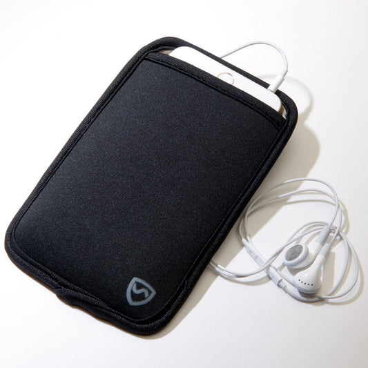 SYB Phone Pouch with EMF shielding for iPhone and Android. A black neoprene phone pouch with a white logo on the bottom right corner, containing a smartphone and earphones.