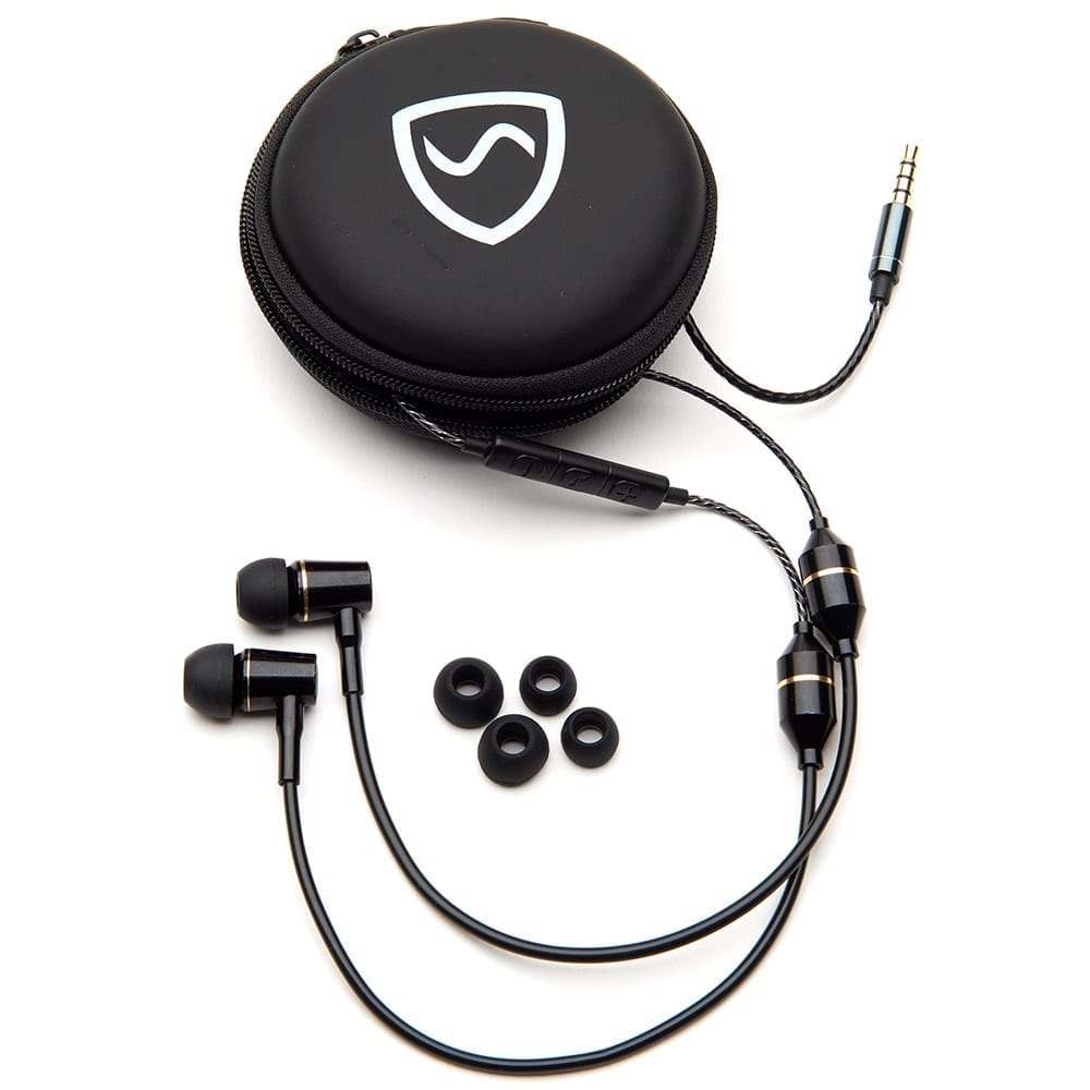 SYB Air Tubes anti-radiation headphones with EMF-reducing design. Black SYB Air Tubes earbuds with a 3.5mm audio cable, silicone earbuds, and a black carrying case with the Shield Your Body logo.