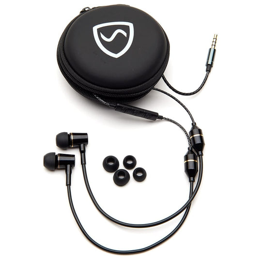 SYB Air Tubes anti-radiation headphones with EMF-reducing design. Black SYB Air Tubes earbuds with a 3.5mm audio cable, silicone earbuds, and a black carrying case with the Shield Your Body logo.