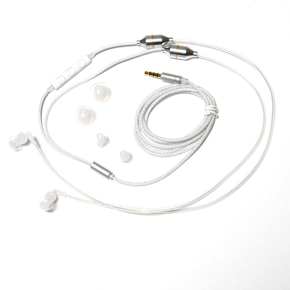 SYB Wrap Around Air Tube Headset with EMF-reducing design. A white wrap-around air tube headphone headset with silicone earbuds and a 3.5mm audio jack.