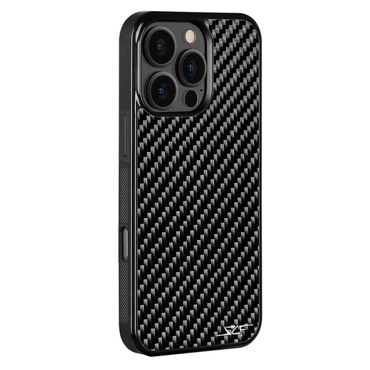 Slim carbon fiber iPhone case showing textured finish Back Angled right